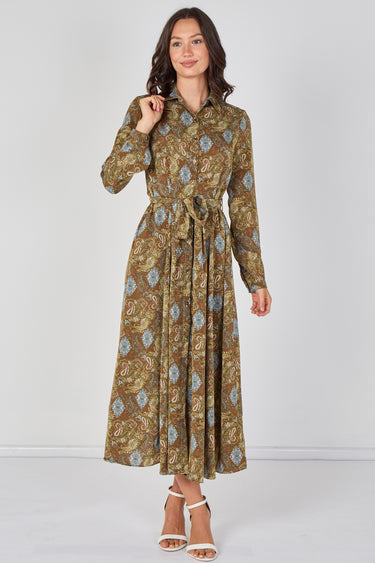 Love Sunshine Paisley Meadow Printed Khaki Belted Maxi Shirt Dress Brunch Dress Casual Dress DB Dress with Pockets Dresses Everyday Dress Garden Party Dress Long Sleeve Dress LS-2037 Wedding Guest Dress