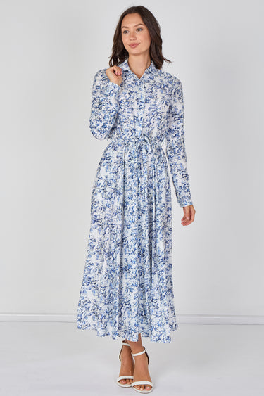 Love Sunshine Blue Toile Printed Belted Maxi Shirt Dress Brunch Dress Casual Dress DB Dress with Pockets Dresses Everyday Dress Garden Party Dress Long Sleeve Dress LS-2037 Wedding Guest Dress