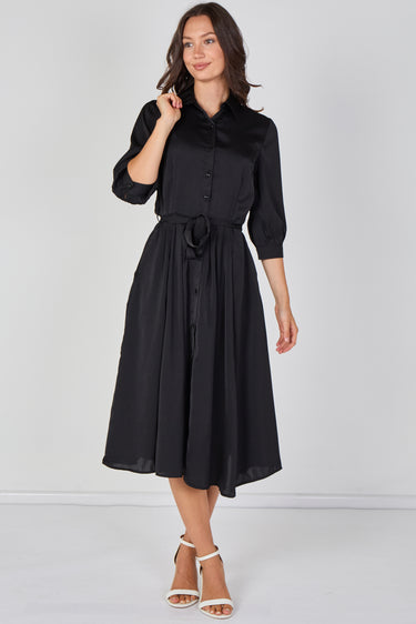Love Sunshine Plain Black Velvety Satin Belted Midi Shirt Dress Brunch Dress Casual Dress Dress with Pockets Dresses Everyday Dress LS-2045 Workwear Dress