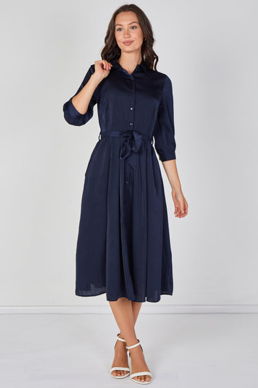 Love Sunshine Plain Navy Velvety Satin Belted Midi Shirt Dress Brunch Dress Casual Dress Dress with Pockets Dresses Everyday Dress LS-2045 Workwear Dress