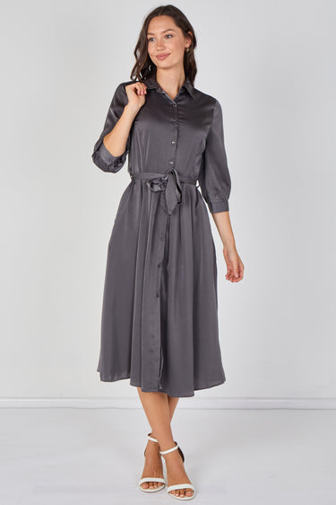 Love Sunshine Plain Grey Velvety Satin Belted Midi Shirt Dress Brunch Dress Casual Dress Dress with Pockets Dresses Everyday Dress LS-2045 Workwear Dress