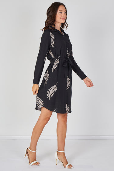 Love Sunshine Black Botanical Leaf Print Belted Shirt Dress Brunch Dress Casual Dress Dress with Pockets Dresses Everyday Dress Long Sleeve Dress LS-5026 Workwear Dress