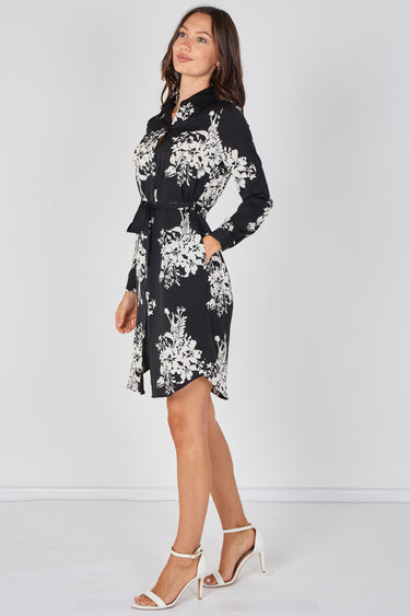 Love Sunshine Black Ivory Bouquet Print Belted Shirt Dress Brunch Dress Casual Dress Dress with Pockets Dresses Everyday Dress Long Sleeve Dress LS-5026 Workwear Dress