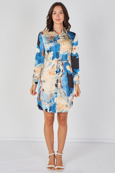 Love Sunshine Blue Watercolour Marble Print Belted Shirt Dress Brunch Dress Casual Dress Dress with Pockets Dresses Everyday Dress Long Sleeve Dress LS-5026 Workwear Dress