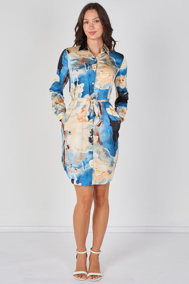 Love Sunshine Blue Watercolour Marble Print Belted Shirt Dress Brunch Dress Casual Dress Dress with Pockets Dresses Everyday Dress Long Sleeve Dress LS-5026 Workwear Dress