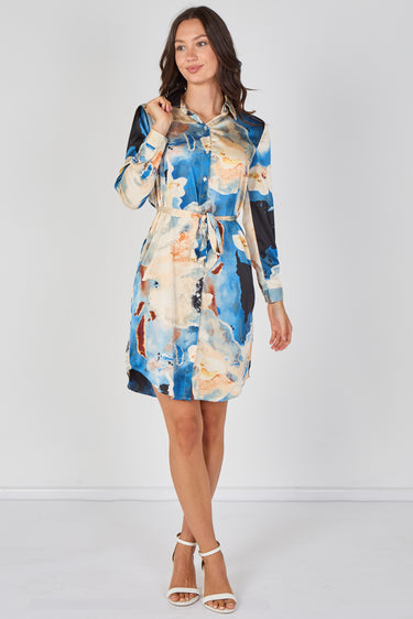 Love Sunshine Blue Watercolour Marble Print Belted Shirt Dress Brunch Dress Casual Dress Dress with Pockets Dresses Everyday Dress Long Sleeve Dress LS-5026 Workwear Dress