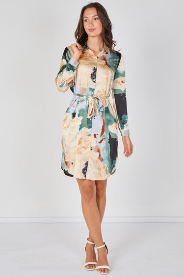 Love Sunshine Teal Watercolour Marble Print Belted Shirt Dress Brunch Dress Casual Dress Dress with Pockets Dresses Everyday Dress Long Sleeve Dress LS-5026 Workwear Dress