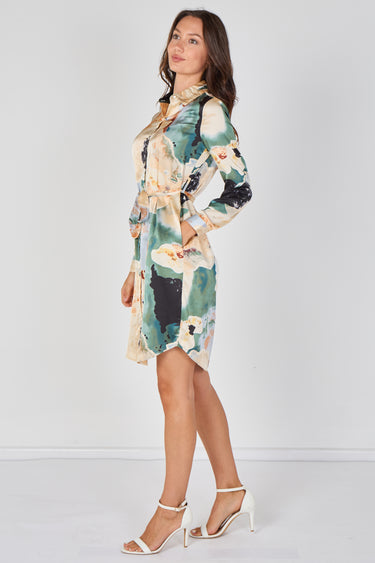 Love Sunshine Teal Watercolour Marble Print Belted Shirt Dress Brunch Dress Casual Dress Dress with Pockets Dresses Everyday Dress Long Sleeve Dress LS-5026 Workwear Dress
