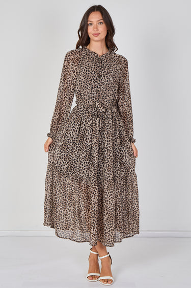 Love Sunshine Grey Leopard Print Chiffon Belted Maxi Dress Dresses Garden Party Dress Holiday Dress Leopard Print Dress Long Sleeve Dress LS-2512 Wedding Guest Dress