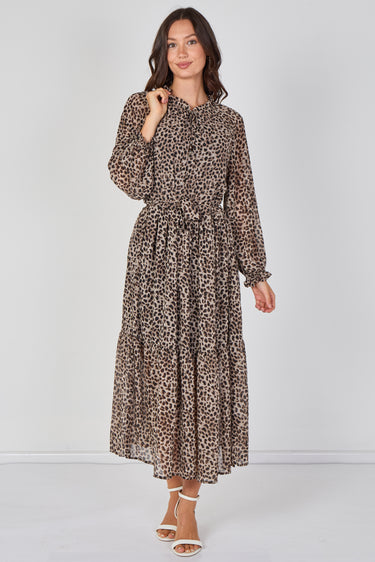 Love Sunshine Grey Leopard Print Chiffon Belted Maxi Dress Dresses Garden Party Dress Holiday Dress Leopard Print Dress Long Sleeve Dress LS-2512 Wedding Guest Dress