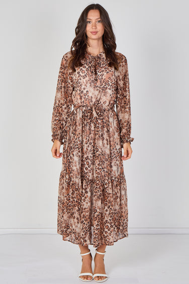 Love Sunshine Brown Leopard Print Chiffon Belted Maxi Dress Dresses Garden Party Dress Holiday Dress Leopard Print Dress Long Sleeve Dress LS-2512 Wedding Guest Dress