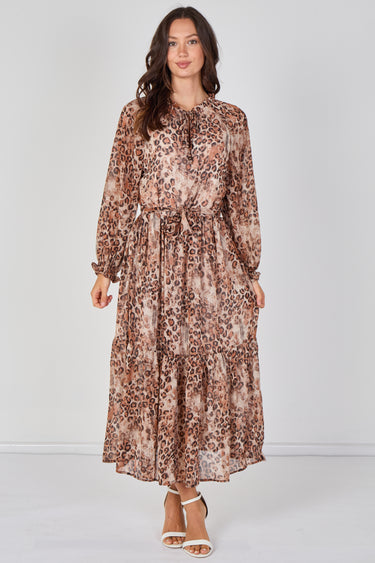 Love Sunshine Brown Leopard Print Chiffon Belted Maxi Dress Dresses Garden Party Dress Holiday Dress Leopard Print Dress Long Sleeve Dress LS-2512 Wedding Guest Dress