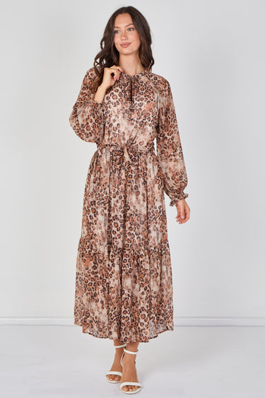 Love Sunshine Brown Leopard Print Chiffon Belted Maxi Dress Dresses Garden Party Dress Holiday Dress Leopard Print Dress Long Sleeve Dress LS-2512 Wedding Guest Dress
