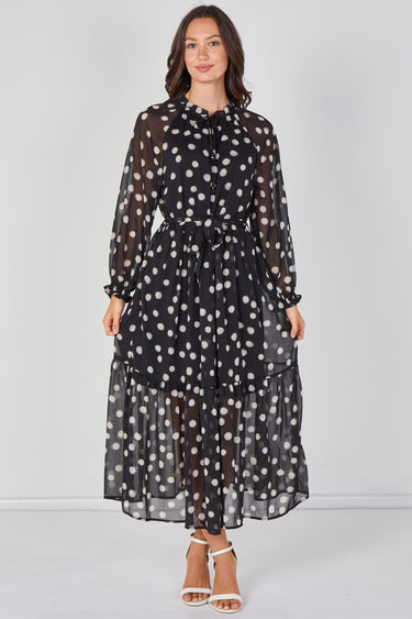 Love Sunshine Black Polka Dot Chiffon Belted Maxi Dress Dresses Garden Party Dress Holiday Dress Long Sleeve Dress LS-2512 Wedding Guest Dress