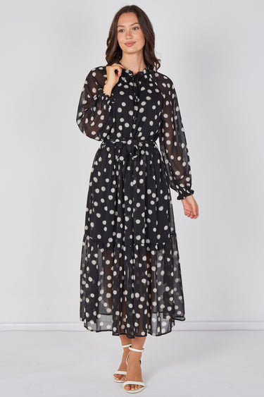 Love Sunshine Black Polka Dot Chiffon Belted Maxi Dress Dresses Garden Party Dress Holiday Dress Long Sleeve Dress LS-2512 Wedding Guest Dress