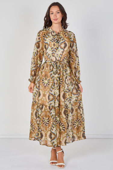 Love Sunshine Tan Paisley Chiffon Belted Maxi Dress Dresses Garden Party Dress Holiday Dress Long Sleeve Dress LS-2512 Wedding Guest Dress