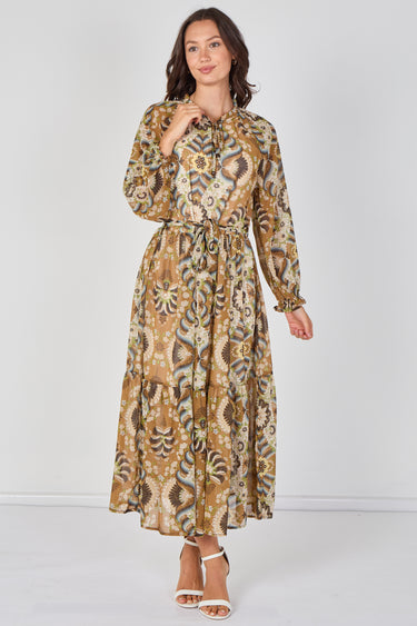 Love Sunshine Tan Paisley Chiffon Belted Maxi Dress Dresses Garden Party Dress Holiday Dress Long Sleeve Dress LS-2512 Wedding Guest Dress