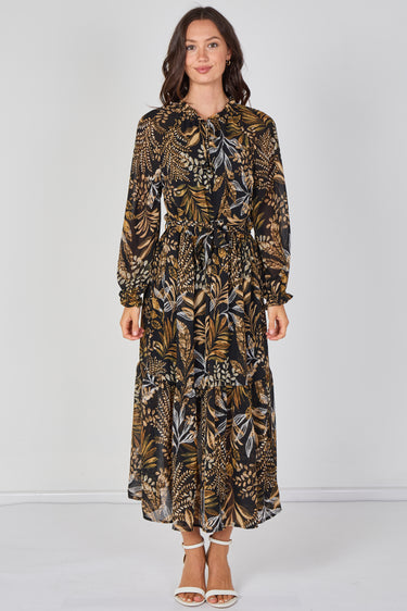 Love Sunshine Black Botanical Chiffon Belted Maxi Dress Dresses Floral Dress Garden Party Dress Holiday Dress Long Sleeve Dress LS-2512 Wedding Guest Dress