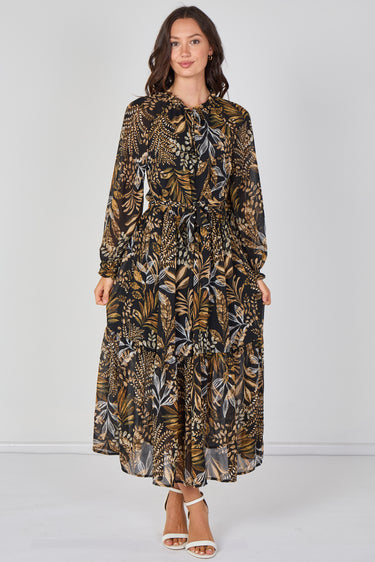 Love Sunshine Black Botanical Chiffon Belted Maxi Dress Dresses Floral Dress Garden Party Dress Holiday Dress Long Sleeve Dress LS-2512 Wedding Guest Dress
