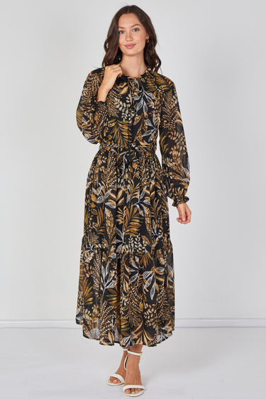 Love Sunshine Black Botanical Chiffon Belted Maxi Dress Dresses Floral Dress Garden Party Dress Holiday Dress Long Sleeve Dress LS-2512 Wedding Guest Dress