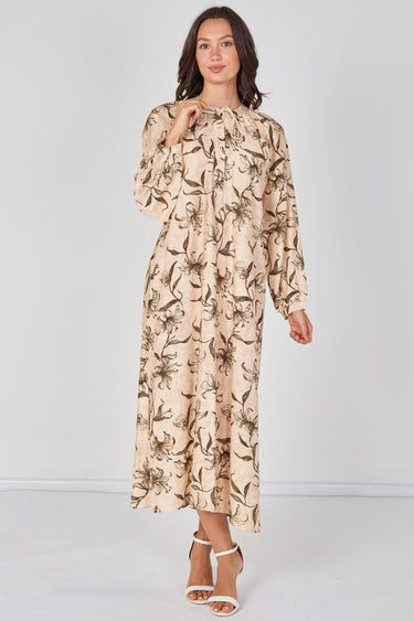 Love Sunshine Beige Lily Print Maxi Dress Dresses Garden Party Dress Holiday Dress Leopard Print Dress Long Sleeve Dress LS-2512 Wedding Guest Dress