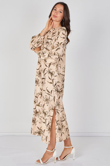 Love Sunshine Beige Lily Print Maxi Dress Dresses Garden Party Dress Holiday Dress Leopard Print Dress Long Sleeve Dress LS-2512 Wedding Guest Dress