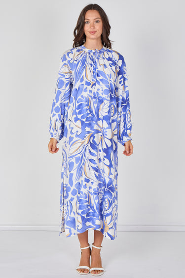 Love Sunshine Blue Tropical Leaf Print Maxi Dress Dresses Garden Party Dress Holiday Dress Leopard Print Dress Long Sleeve Dress LS-2512 Wedding Guest Dress