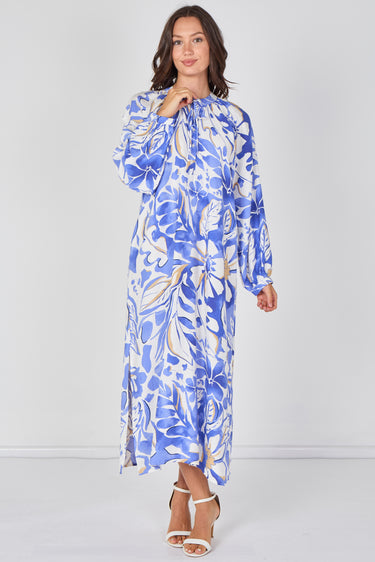 Love Sunshine Blue Tropical Leaf Print Maxi Dress Dresses Garden Party Dress Holiday Dress Leopard Print Dress Long Sleeve Dress LS-2512 Wedding Guest Dress