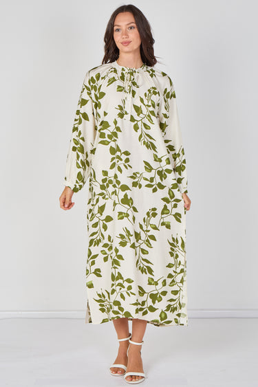 Love Sunshine Ivory and Olive Leaf Print Maxi Dress Dresses Garden Party Dress Holiday Dress Leopard Print Dress Long Sleeve Dress LS-2512 Wedding Guest Dress