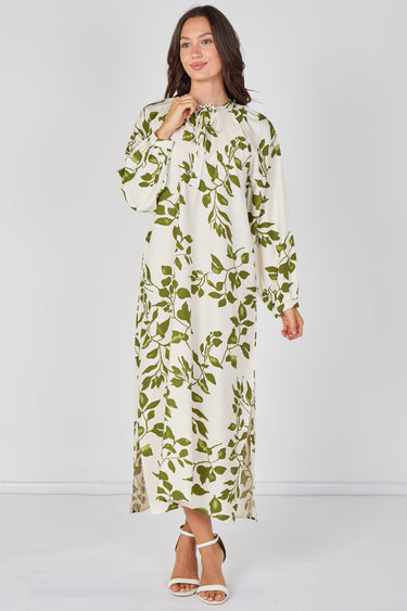 Love Sunshine Ivory and Olive Leaf Print Maxi Dress Dresses Garden Party Dress Holiday Dress Leopard Print Dress Long Sleeve Dress LS-2512 Wedding Guest Dress