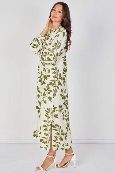 Love Sunshine Ivory and Olive Leaf Print Maxi Dress Dresses Garden Party Dress Holiday Dress Leopard Print Dress Long Sleeve Dress LS-2512 Wedding Guest Dress