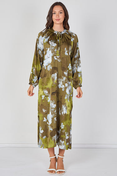Love Sunshine Khaki Watercolour Floral Luxury Satin Maxi Dress Dresses Garden Party Dress Holiday Dress Leopard Print Dress Long Sleeve Dress LS-2512 Wedding Guest Dress