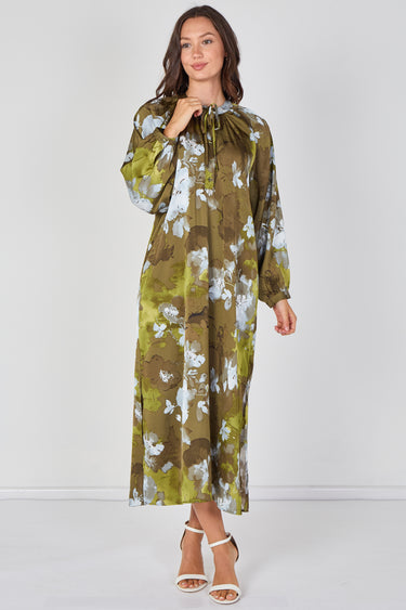 Love Sunshine Khaki Watercolour Floral Luxury Satin Maxi Dress Dresses Garden Party Dress Holiday Dress Leopard Print Dress Long Sleeve Dress LS-2512 Wedding Guest Dress
