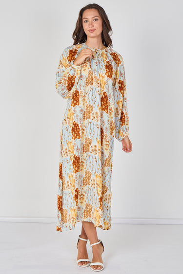Love Sunshine Blue and Rust Moroccan Print Maxi Dress Dresses Garden Party Dress Holiday Dress Leopard Print Dress Long Sleeve Dress LS-2512 Wedding Guest Dress