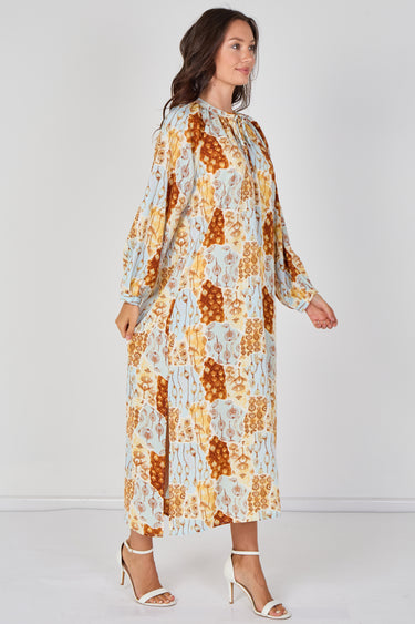 Love Sunshine Blue and Rust Moroccan Print Maxi Dress Dresses Garden Party Dress Holiday Dress Leopard Print Dress Long Sleeve Dress LS-2512 Wedding Guest Dress