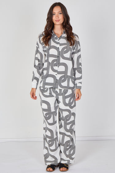 Love Sunshine White and Black Geo Print Shirt and Trouser Co-ord Set Co ord sets LS-2268&2508 Shirts trousers
