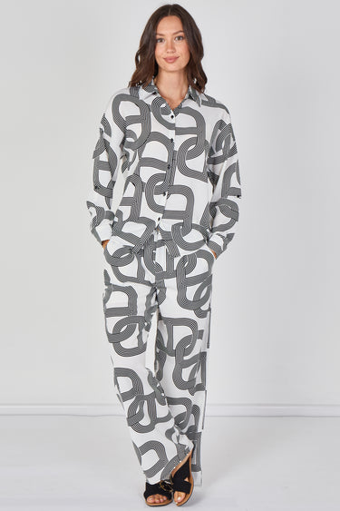 Love Sunshine White and Black Geo Print Shirt and Trouser Co-ord Set Co ord sets LS-2268&2508 Shirts trousers