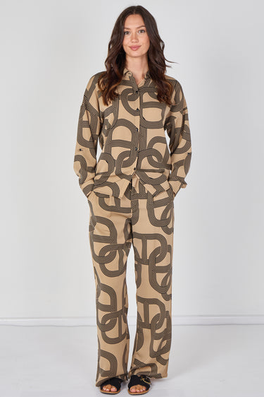 Love Sunshine Taupe and Black Geo Print Shirt and Trouser Co-ord Set Co ord sets LS-2268&2508 Shirts trousers