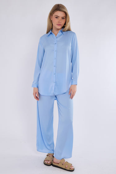 Baby Blue Satin Co-ord Shirt and Trousers Set