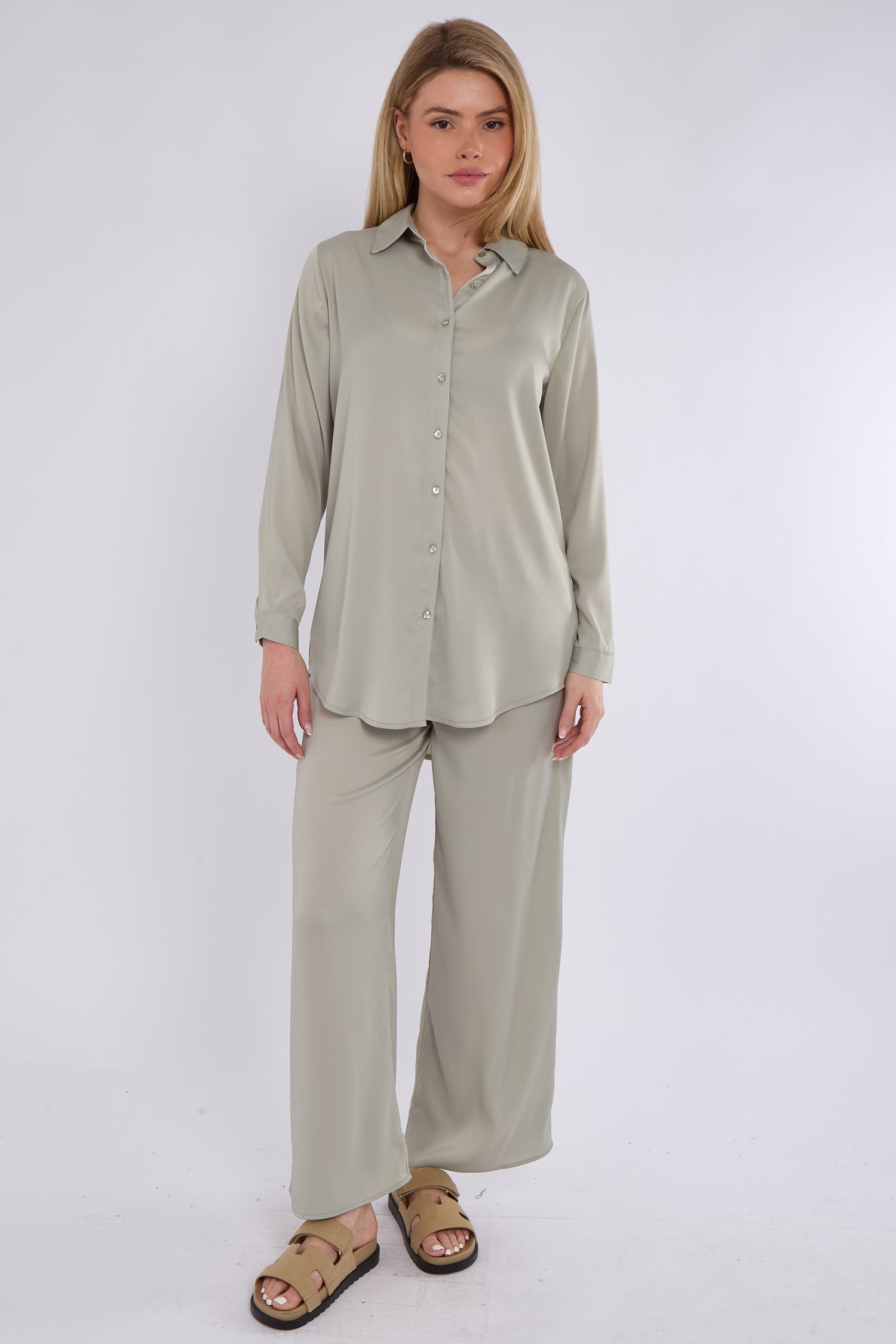 Dusty Mint Satin Co-ord Shirt and Trousers Set