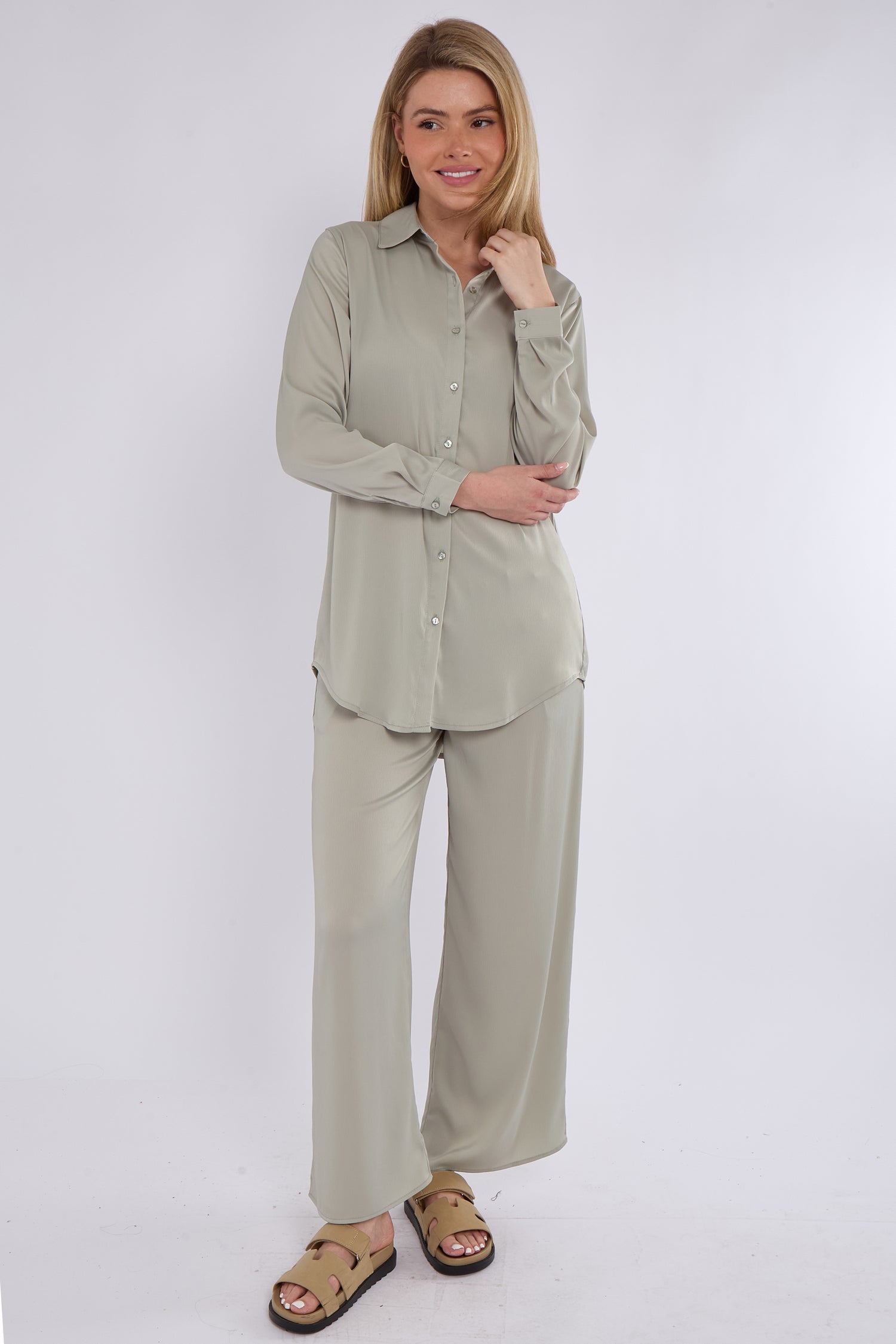 Dusty Mint Satin Co-ord Shirt and Trousers Set