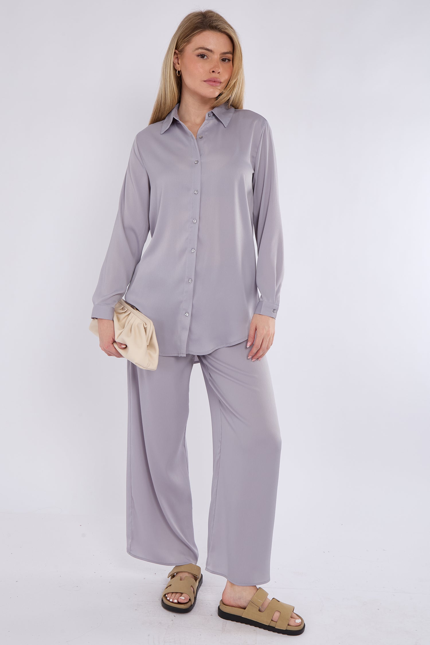 Ice Grey Satin Co-ord Shirt and Trousers Set