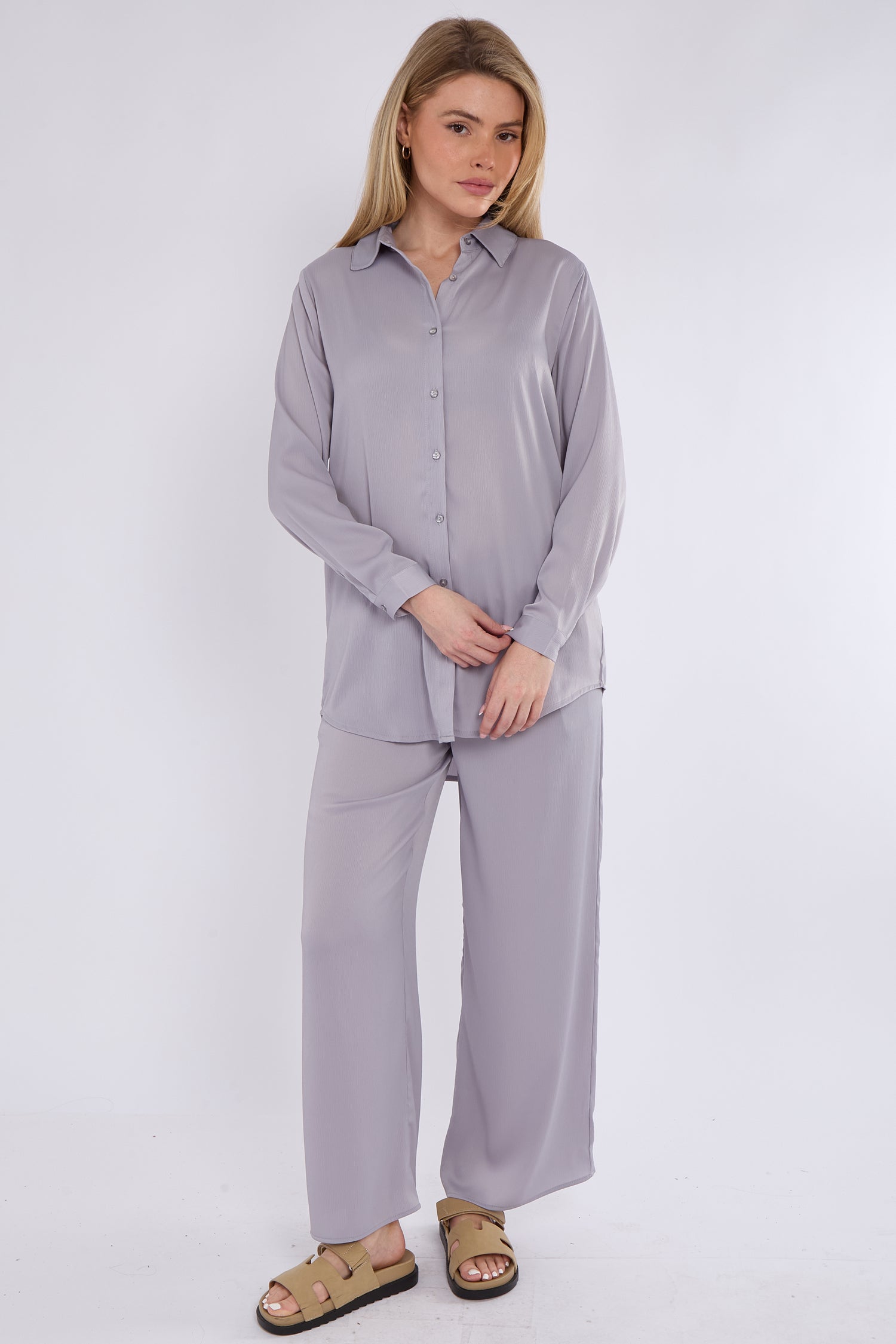 Ice Grey Satin Co-ord Shirt and Trousers Set