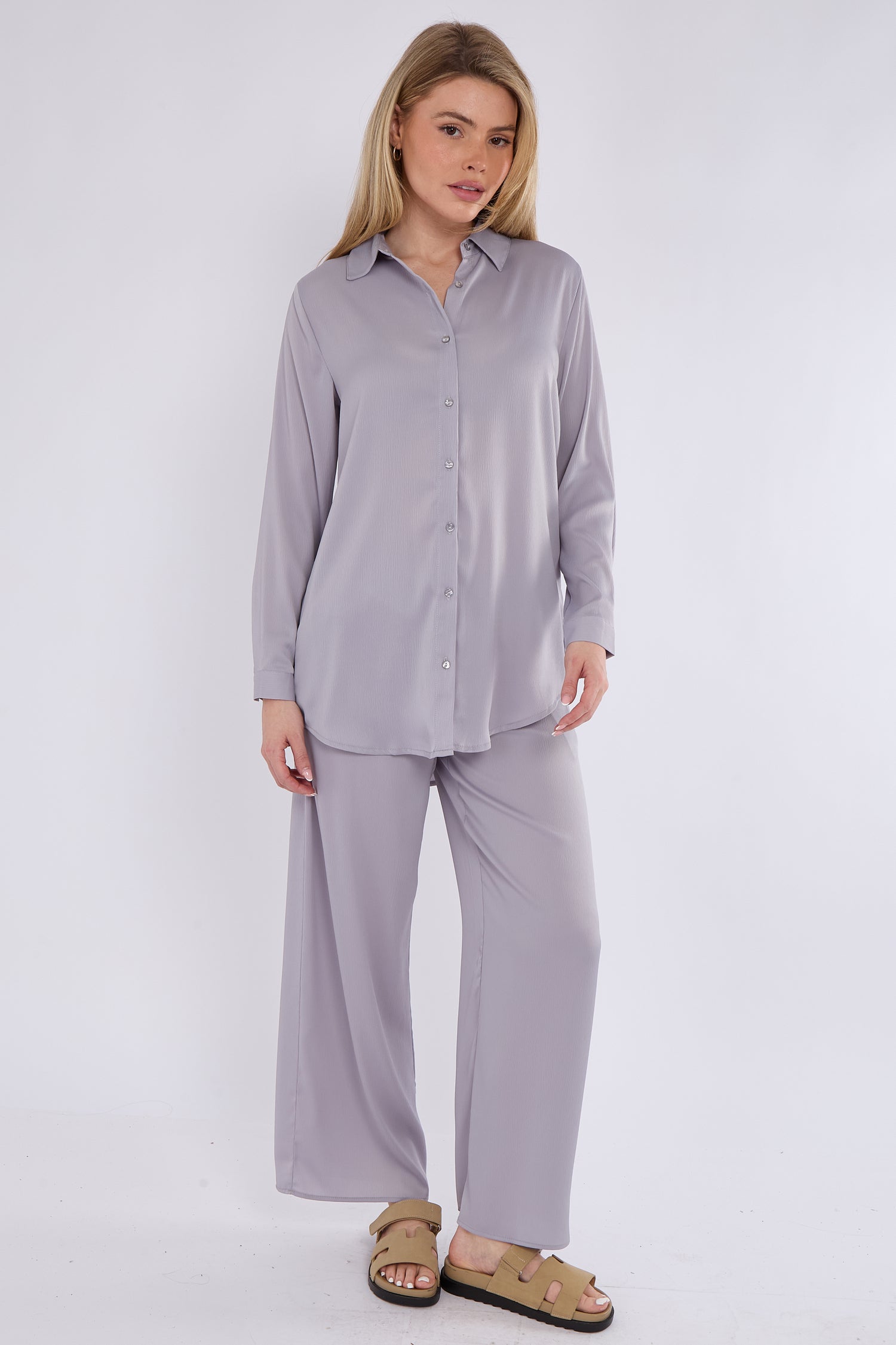 Ice Grey Satin Co-ord Shirt and Trousers Set