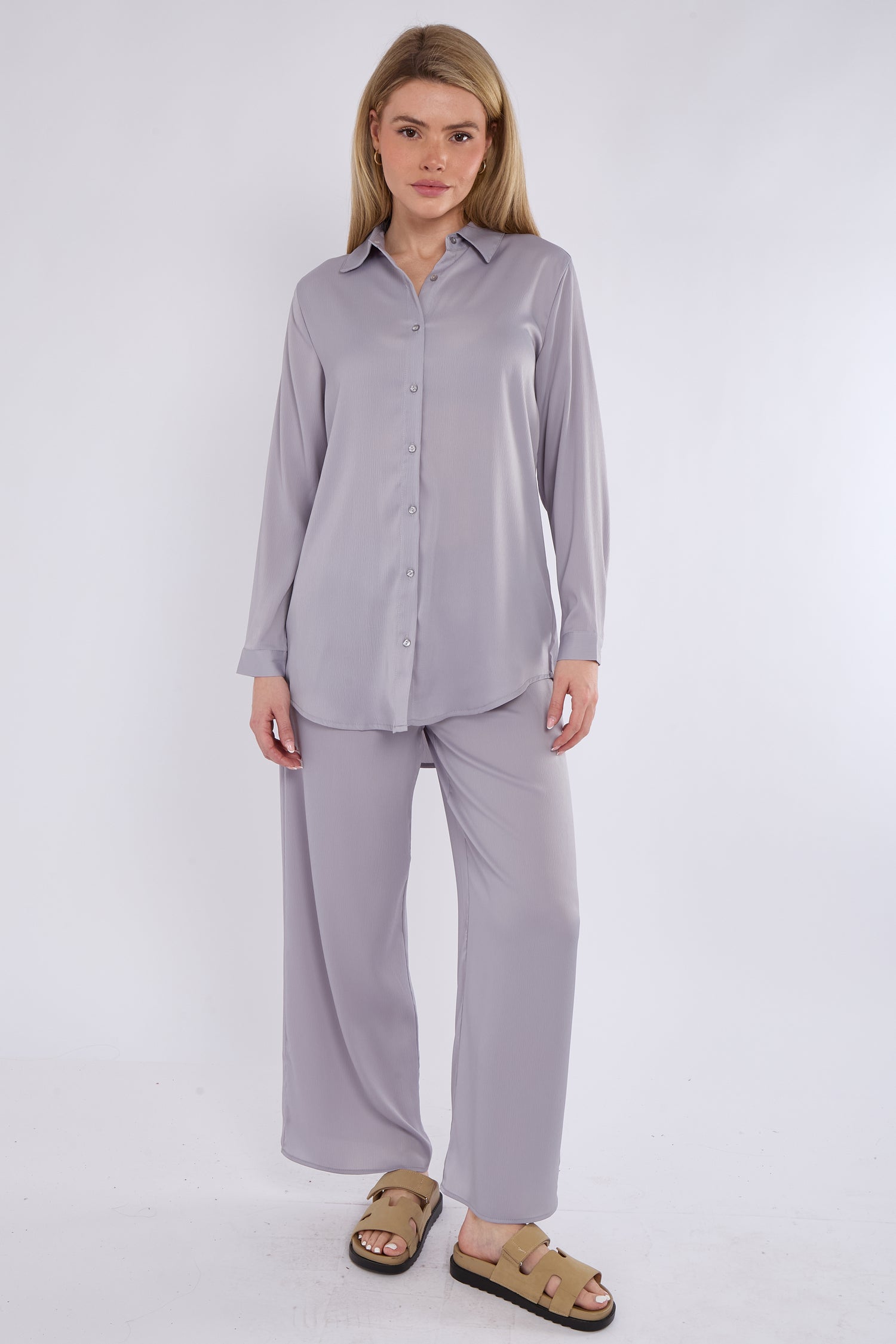 Ice Grey Satin Co-ord Shirt and Trousers Set
