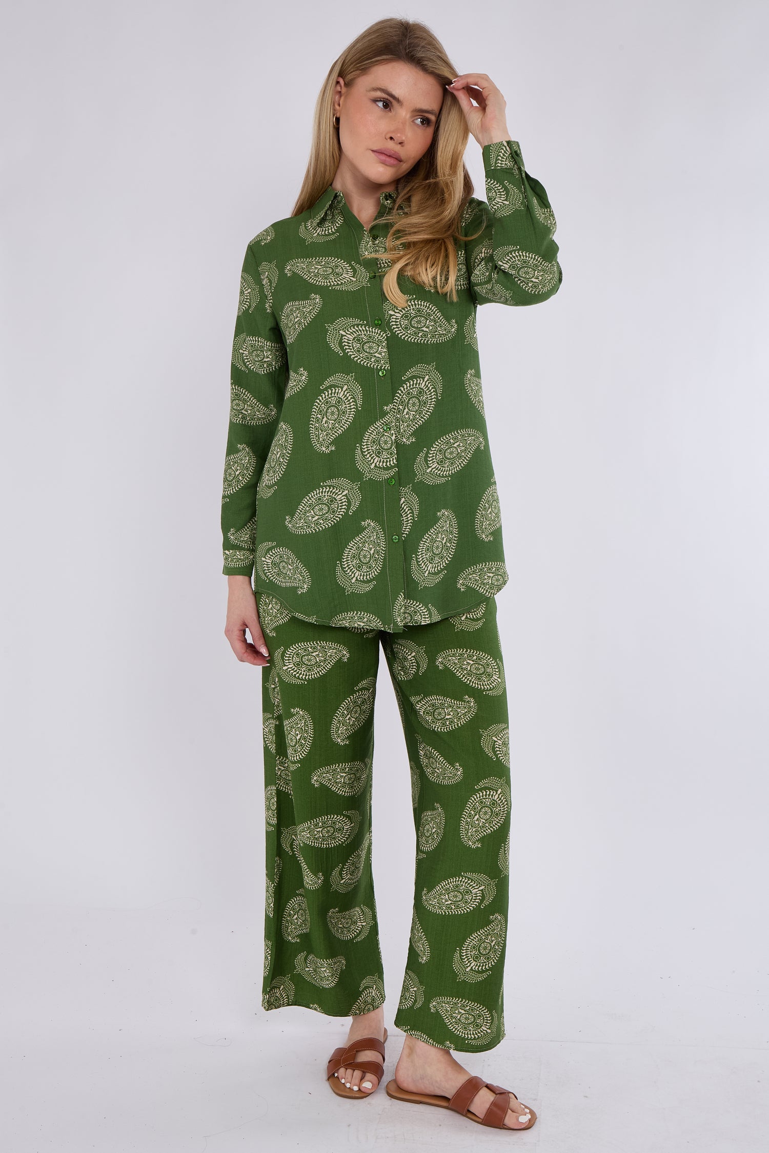 Green Paisley Print Co-ord Shirt and Trousers Set