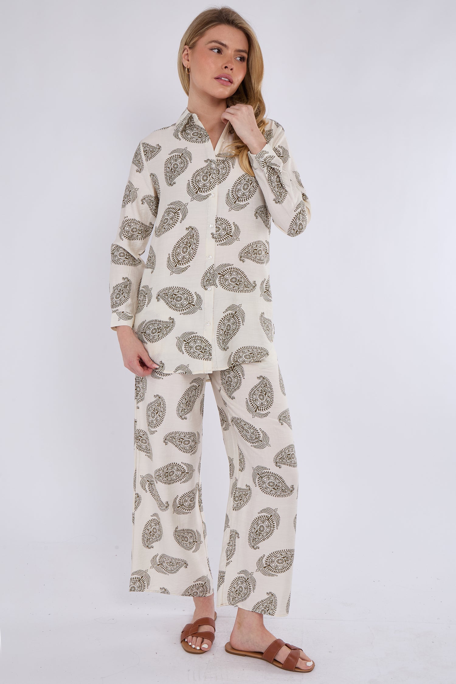 Cream Paisley Print Co-ord Shirt and Trousers Set
