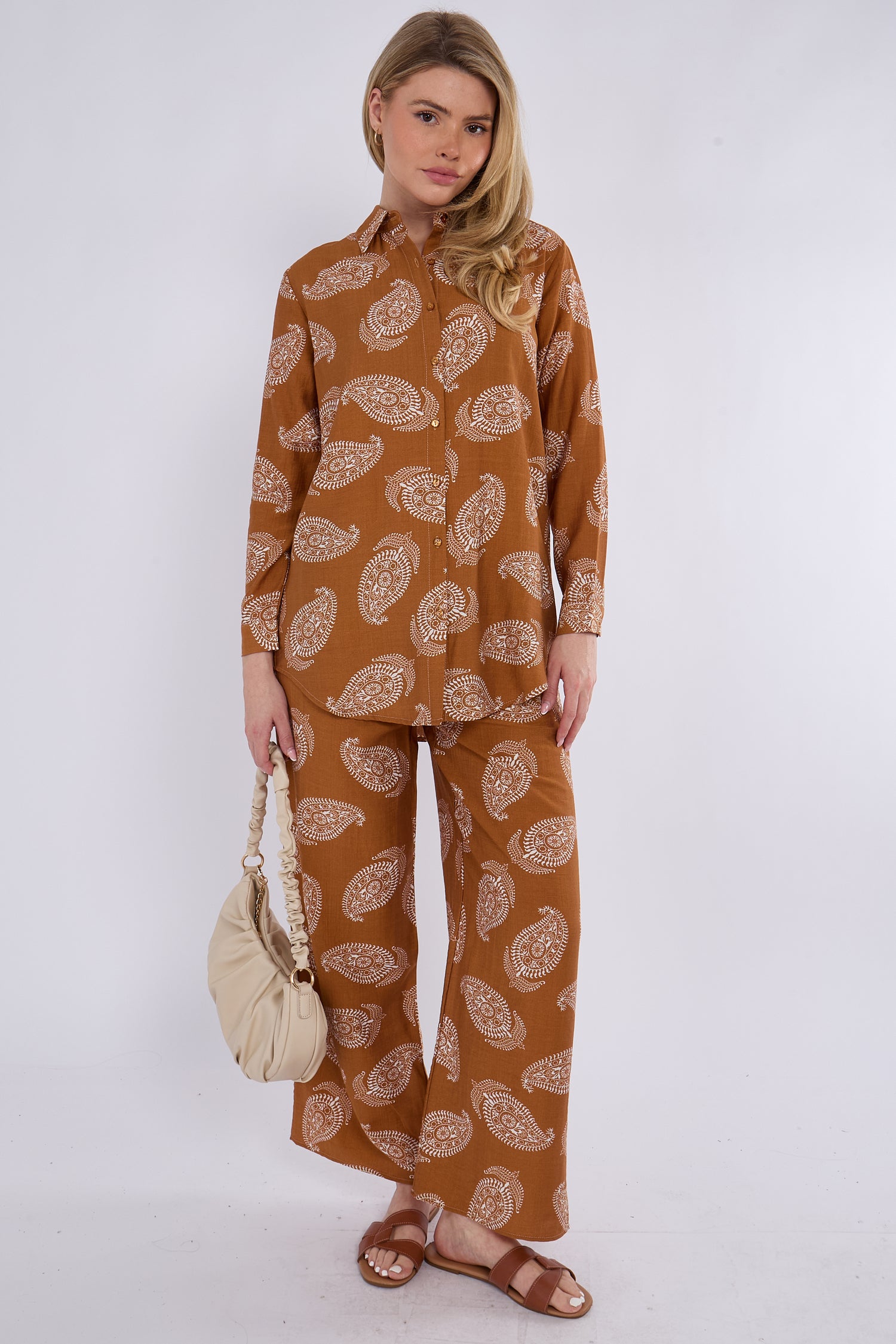 Caramel Brown Paisley Print Co-ord Shirt and Trousers Set