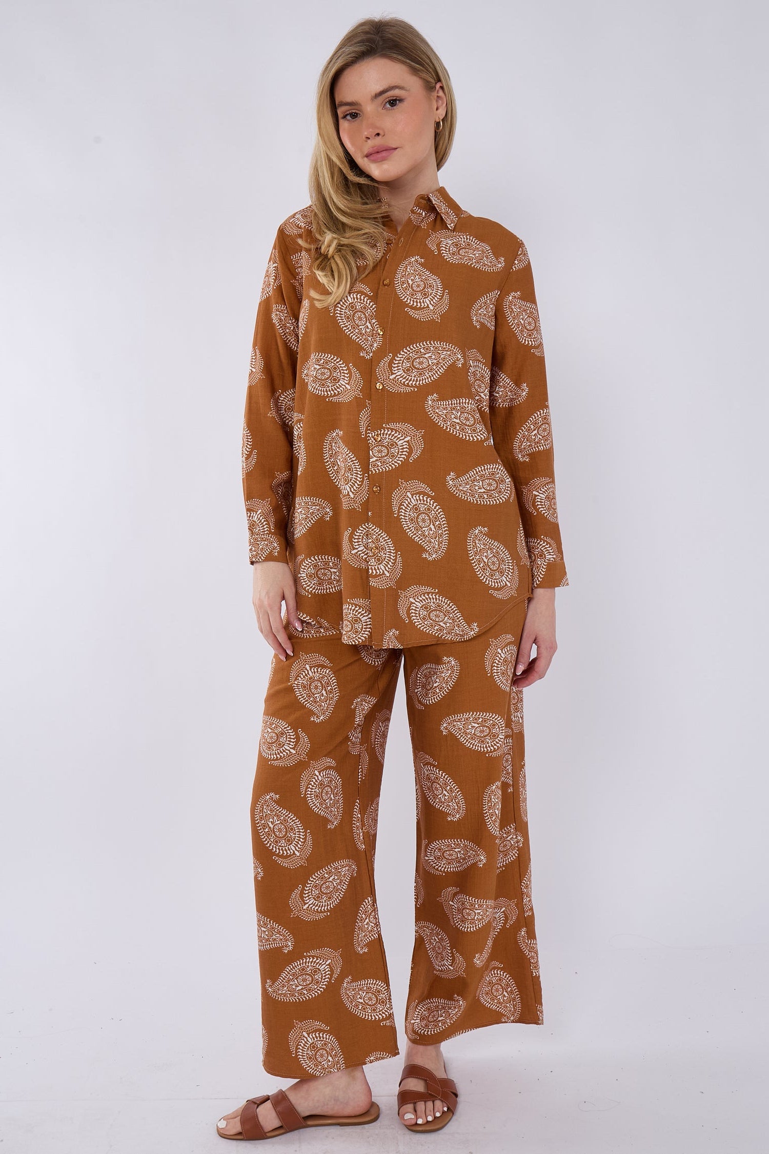 Caramel Brown Paisley Print Co-ord Shirt and Trousers Set
