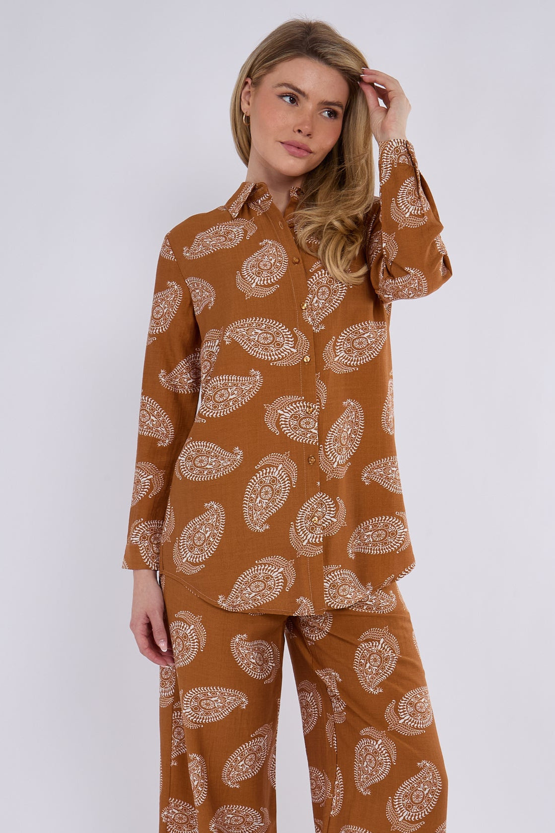 Caramel Brown Paisley Print Co-ord Shirt and Trousers Set